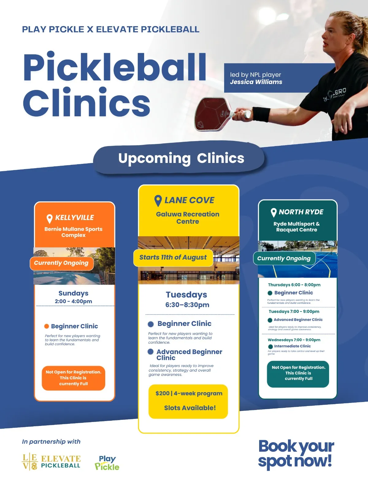 Play Pickle x Elevate Pickleball clinics led by NPL player Jessica Williams, with current clinics at Kellyville, Lane Cove (Galuwa) and North Ryde