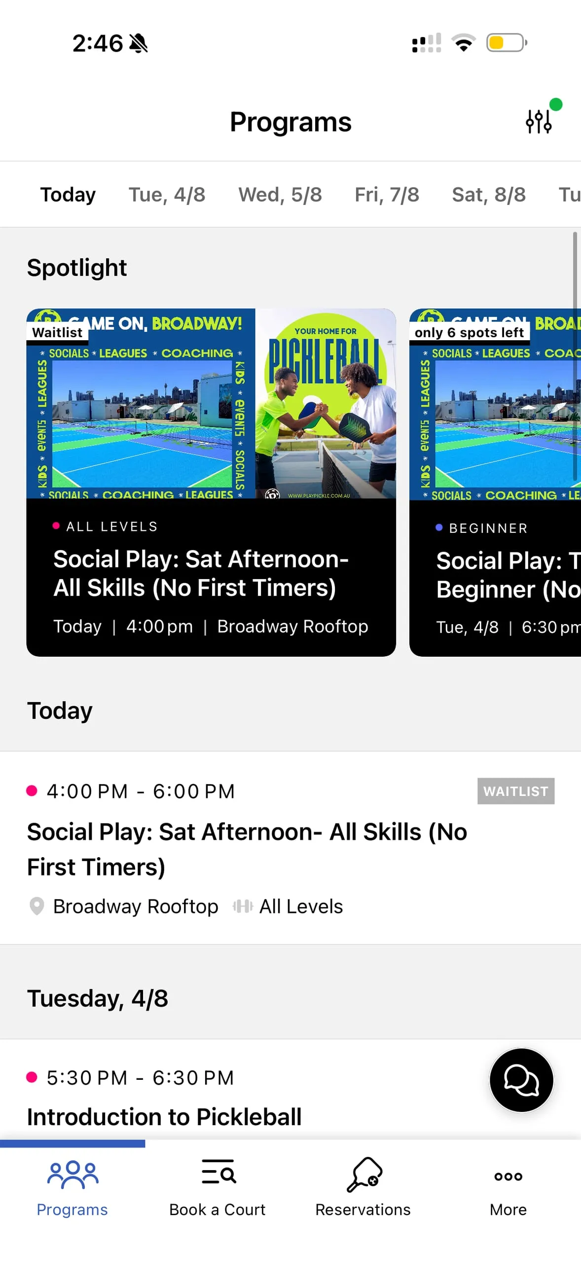 The Play Pickle app on the Programs screen, showing today's social play and beginner sessions to book